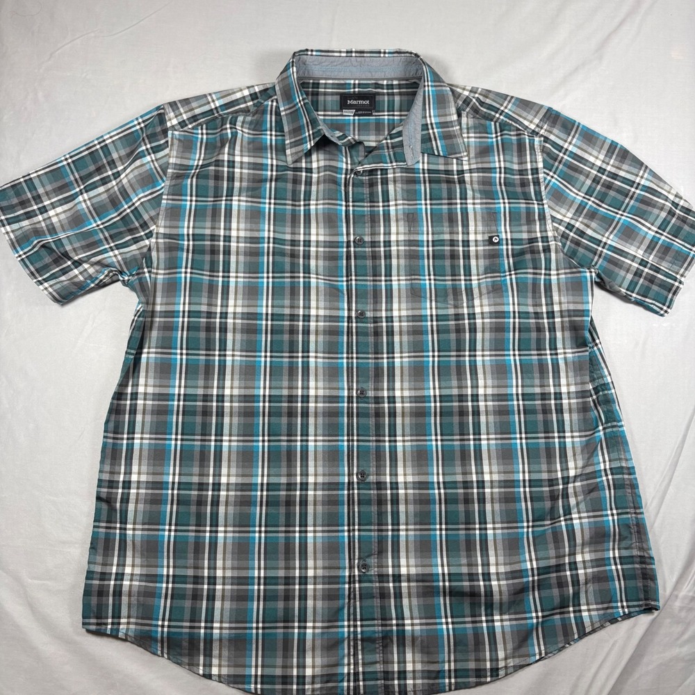 Marmot Plaid Short Sleeve‎ Button Down Shirt Mens XXL Teal Grey Outdoor Hiking